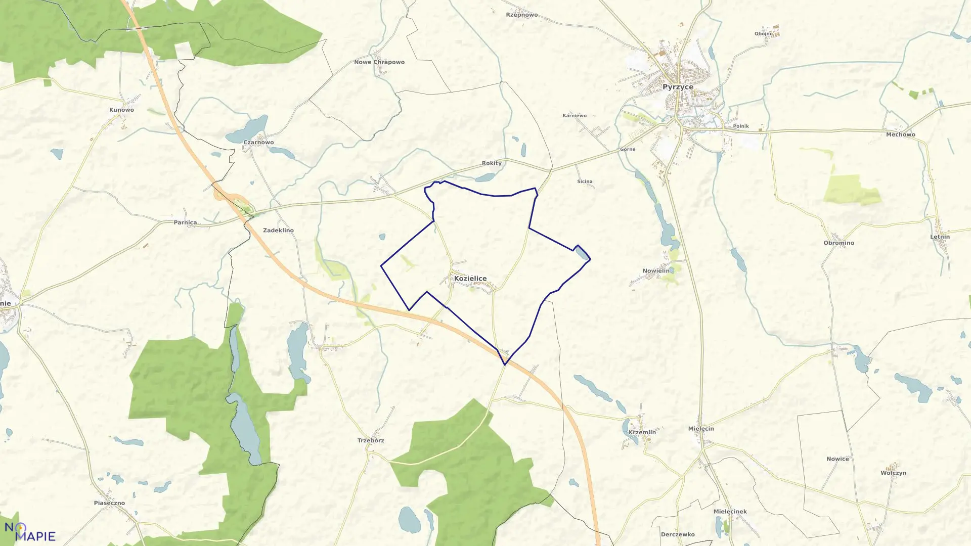 Mapa obrębu Kozielice w gminie Kozielice