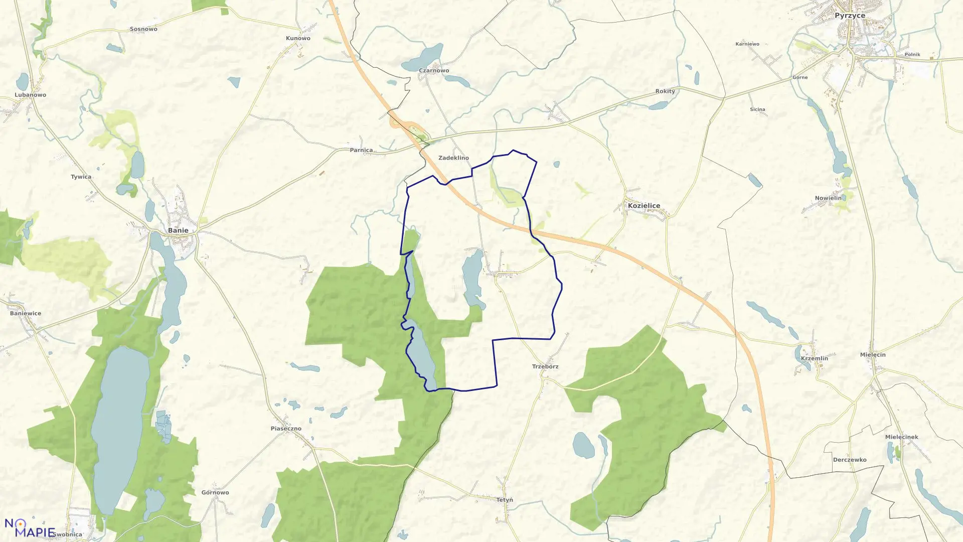 Mapa obrębu Mielno w gminie Kozielice