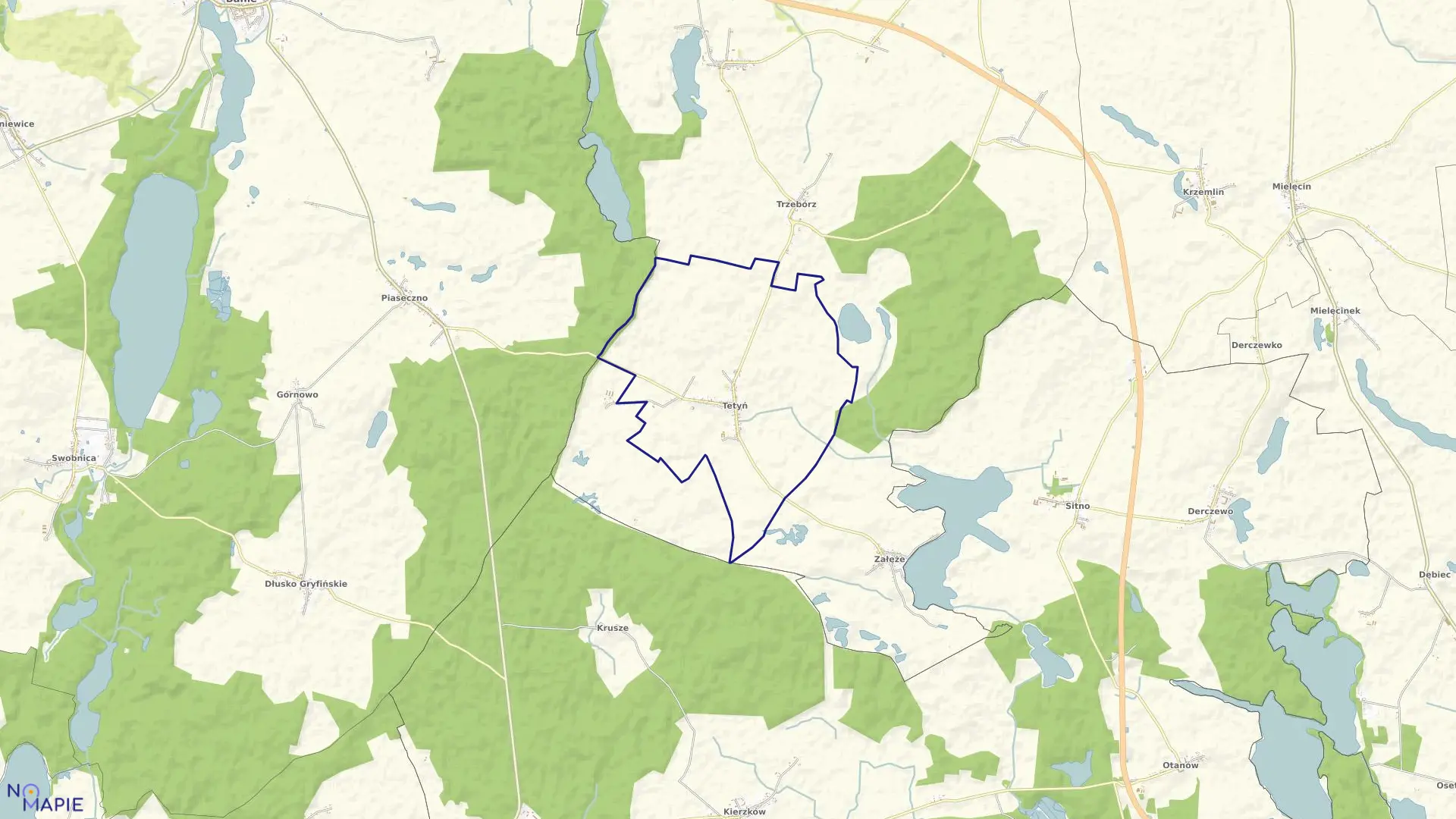 Mapa obrębu Tetyń w gminie Kozielice